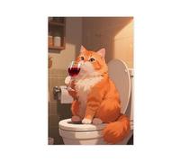 A Persian Cat Sitting on The Toilet Drinking Red Wine Canvas Poster Bedroom Decor Landscape Decor Gift 12x18inch(30x45cm)