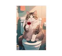 A Persian Cat Sitting on The Toilet Drinking Red Wine Canvas Poster Wall Art Print Picture Paintings 08x12inch(20x30cm)