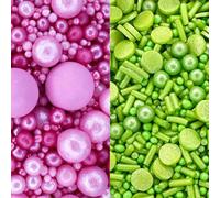 A Pinch Of - Twin - Wicked Cake Decorations - Edible Pearls Mix Wicked Cake Topper Sprinkles - 1 x 30g Pink Pearl Mix & 1 x 30g Green Colour Medley Cupcake Decorations