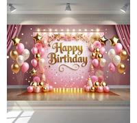 A pink and gold birthday party backdrop made of polyester material with golden balloons, stars and light ribbons 250x180CM