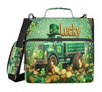A Plaid Truck with Lots of Clovers Gold Coins Green Background 3 Ringing 1.5 inch Zippered Binder Bag with Strap Laege Capacity Document Organizer Bag Suitable for Middle School
