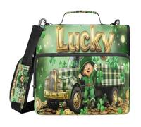A Plaid Truck with Lots of Clovers Gold Coins Green Background 3 Ringing Zipper Binder Organizer with Shoulder Strap & Handle Multiple Pockets School Binders Organizer for School/Office