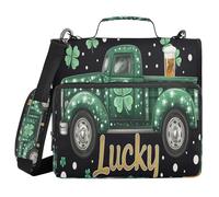 A Plaid Truck with Lots of Clovers on A Black Background with White Polka Dots 1.5-Inch 3-Ringing Binder Zipper with Handle Includes Zip Pocket Portable Home Travel Storage Bag for Middle