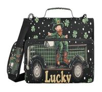 A Plaid Truck with Lots of Clovers on A Black Background with White Polka Dots 1.5 Inch 3 Ringing Organizer Binder with Shoulder Strap & Handle Waterproof Documents Files Storage Bag for Office