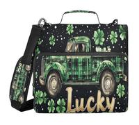A Plaid Truck with Lots of Clovers on A Black Background with White Polka Dots 3 Ringing 1.5 inch Zipper Binder with Handle and Removable Shoulder Strap Includes Zip Pocket Document Organizer Bag