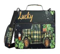 A Plaid Truck with Lots of Clovers on A Black Background with White Polka Dots 3 Ringing Office Binder Organizer with Shoulder Strap Easy to Carry School Binders Organizer for Office School