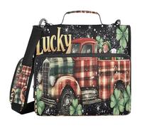 A Plaid Truck with Lots of Clovers on A Black Background with White Polka Dots 3 Ringing School Zipper Binder with Strap Laege Capacity Document Organizer for School/Office