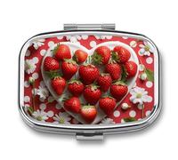 A Plate of Strawberries Pill Box 2 Compartment, Portable Pill Case with Mirror for Pocket Purse Travel, Mini Metal Medicine Organizer for Vitamins Fish Oil