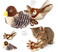 A plush cat toy for indoor cats, the Chirp Paws Flapping Bird Cat Toy, simulates a chirping bird with flapping wings, and is interactive. (a+b)