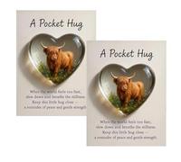 A Pocket Hug Highland Cow, Emotional Support Heart Highland Cow Pocket Hug Token with Inspirational Card, Rustic Nature-Inspired Countryside Animal Keepsake (2PC)