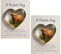 A Pocket Hug Highland Cow with Inspirational Card, Emotional Support Heart Highland Cow Pocket Hug Token, Heart-Shaped Emotional Card, for Friend, Family, Student Encouragement (2PCS)