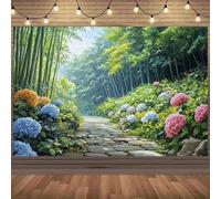 A polyester nature trail landscape backdrop with bamboo groves and colorful daffodils - decoration and activity 350x240CM