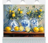 A polyester wall art picture in rural style with lemon and blue ceramic on canvas, citrus fruit painting, decoration for the Thanksgiving party 440x300CM