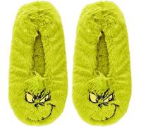 A+ Prime Ladies & Kids Grinch Slipper Socks - Fluffy Slipper Socks with Non-Slip Sole, Soft & Warm, Christmas Motif, Green, 2/2.5 UK