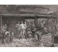 A public bathhouse in ancient Rome. Roman baths were generally gender restricted, but in some eras mixed bathing was common. Poster of After a 19th century work by French artist Emile Levy Print by
