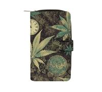 A Puff in Time Weed Marijuana Leather Wallets for Women with 12 Card Slots Zip Credit Card Holder Long Clutch with Coin Purse Id Window Travel Cash Wallet