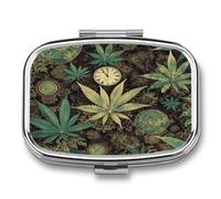 A Puff in Time Weed Marijuana Pill Case Portable Medicine Organizer Compact Travel Pill Box Small Metal Medicine Box for Purse Pocket Pill Container Holder 2 Compartments Medication Holder