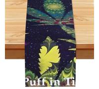 A Puff In Time Weed Marijuana Print Dining Table Runner Modern, Washable Faux Linen Table Runner For Farmhouse And Kitchen