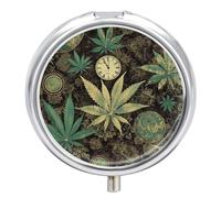 A Puff in Time Weed Marijuana Travel Pill Box Case 3 Compartment Cute Pill Organizer Metal Pill Holder with Mirror Small Medicine Organizer Daily Pill Container for Purse Pocket Portable Meds Box