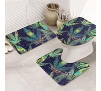 A Puff In Time Weed Printed Flannel Anti-Slip Bath Mat Set Of 3-80x50cm | Bathroom Rug Set - Bath Mat + U-Shaped Pedestal Mat + O-Shaped Toilet Seat Cover
