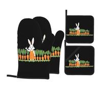 A Rabbit is Picking Carrots in The Field Printing Oven Mitts and Pot Holders Sets - Heat-Resistant, Waterproof, and Durable Kitchen Baking Four-Piece Set
