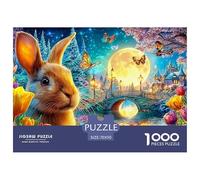 A Rabbit near Tulips, with A Bridge, Castle And Full Moon 1000 Piece Jigsaw Puzzle Fairy Tale Rabbit - Classic Jigsaw Puzzles for Kids & Adults 70x50cm/1000pcs