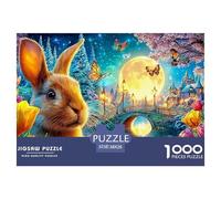 A Rabbit near Tulips, with A Bridge, Castle And Full Moon 1000-Piece Jigsaw Puzzle Fairy Tale Rabbit - Classic Educational Game for Family Puzzle Time 38x26cm/1000pcs