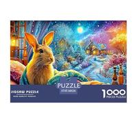 A Rabbit Wrapped in Blankets, with A Snowy Glowing Village Outside 1000-Piece Jigsaw Puzzle Fairy Tale Rabbit - Family Entertainment for Adults & Kids 38x26cm/1000pcs