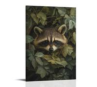 A Raccoon Peering from behind Foliage, The Leaves And Fur Melting Softly Into A Faded Moss Green. Wall Art Mural Modern Decoration Hanging Art Poster 08x12inch(20x30cm)