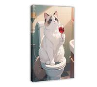 A Ragdoll Cat Sitting on The Toilet Drinking Red Wine Canvas Poster Bedroom Decor Landscape Decor Gift 20x30inch(50x75cm)