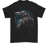 A Raven in Viking Symbols Text Valhalla Mens T-Shirt 100% Cotton Black XL