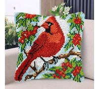 A Red Cardinal on Red Flower Tree Latch Hook Kits Pillow with Printed Canvas DIY Handmade Cushion Crochet Yarn Embroidery Hook and Latch Kit Pillowcase Christmas Decoration 43x43cm