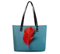 A Red Feather Tote Bag Large Soft Leather Purse with Zipper Lightweight Ladies Shoulder Handbag