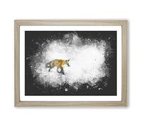 A Red Fox Alone In The Winter Paint Splash Modern Art Framed Print | A4 Oak Framed Wall Art | Ready to Hang | Modern Animal Picture | Living Room Bedroom Lounge Office