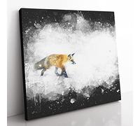 A Red Fox Alone in the Winter Paint Splash Modern Canvas Wall Art Print Ready to Hang, Framed Picture for Living Room Bedroom Home Office Décor, 35x35 cm (14x14 Inch)