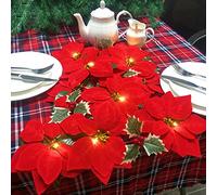 A-Red Poinsettia 2 Pack: Artificial Red Poinsettia Christmas Garland with Berries Maple Leaves String Light for Holiday Door Garden Party Decoration Wreath