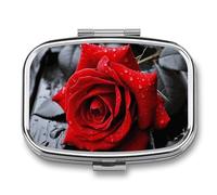 A Red Rose Pill Box 2 Compartment, Portable Pill Case with Mirror for Pocket Purse Travel, Mini Metal Medicine Organizer for Vitamins Fish Oil
