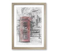 A Red Telephone Box Sketch Framed Print | A2 Oak Framed Wall Art | Ready to Hang | Modern Nature Picture | Living Room Bedroom Lounge Office