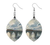 A Red Train Is Driving on The Stone Arch Bridge Women's Earrings Wooden Pendant Dangle Jewelry Stylish Accessories for Party