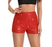 A-Red Womens High Elastic Waist Sequin Sparkly Straight Leg Shorts - Solid Sparkle Party Club Concert Hot Shorts (XL)