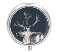 A Reindeer Standing Pill Box - 3 Compartment Travel Pill Organizer with Small Mirror, Portable Pillcase for Pocket & Purse, Cute Round Medicine Case, Weekly Medicine Container