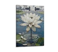 A Resplendent White Lotus Blossoms from Prismatic Waters on This Poster, Its Delicate Petals Forming A Serene Aquatic Mural Backdrop24x36inch(60x90cm)
