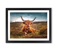 A Resting Highland Cow In Abstract Modern Art Framed Print | A2 Black Framed Wall Art | Ready to Hang | Abstract Animal Picture | Living Room Bedroom Lounge Office