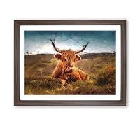 A Resting Highland Cow In Abstract Modern Art Framed Print Walnut A3 | Wall Art, Ready to Hang, Satin Fine Art Paper, Fade-Resistant Inks, Acrylic Glazing, Securely Packaged, Made in the UK