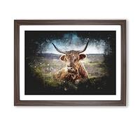 A Resting Highland Cow Paint Splash Modern Art Framed Print | A3 Walnut Framed Wall Art | Ready to Hang | Modern Animal Picture | Living Room Bedroom Lounge Office