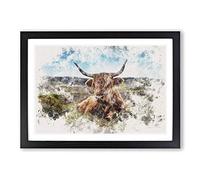 A Resting Highland Cow Watercolour Framed Print | A2 Black Framed Wall Art | Ready to Hang | Modern Animal Picture | Living Room Bedroom Lounge Office
