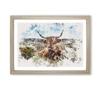 A Resting Highland Cow Watercolour Framed Print | A2 Oak Framed Wall Art | Ready to Hang | Modern Animal Picture | Living Room Bedroom Lounge Office