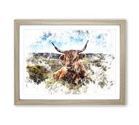 A Resting Highland Cow Watercolour Modern Framed Print | A2 Oak Framed Wall Art | Ready to Hang | Modern Animal Picture | Living Room Bedroom Lounge Office