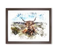 A Resting Highland Cow Watercolour Modern Framed Print | A2 Walnut Framed Wall Art | Ready to Hang | Modern Animal Picture | Living Room Bedroom Lounge Office