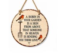 A Robin in Your Garden Plaque, Round Garden Sign, 20 cm | A 20 cm round plaque with two robin illustrations and a printed remembrance message for a quiet garden or indoor display.